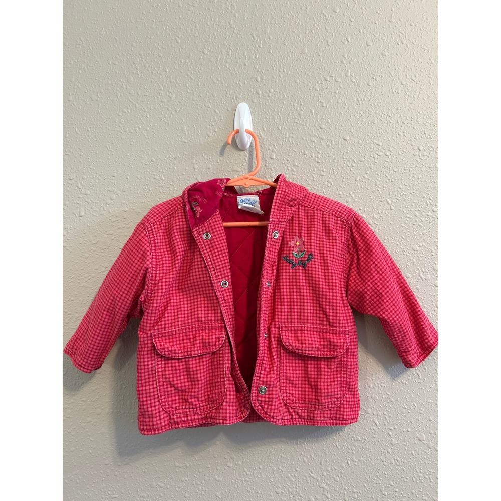 Unique Vintage Baby OshKosh‎ Bgosh Pink Gingham Hooded Quilted Jacket Floral 12m
